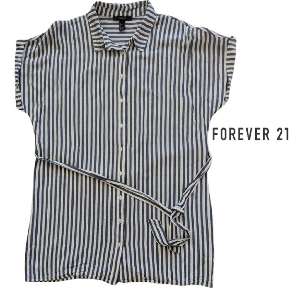 FOREVER 21 Belted Mini Dress Shirt Blue and White Size L Preloved